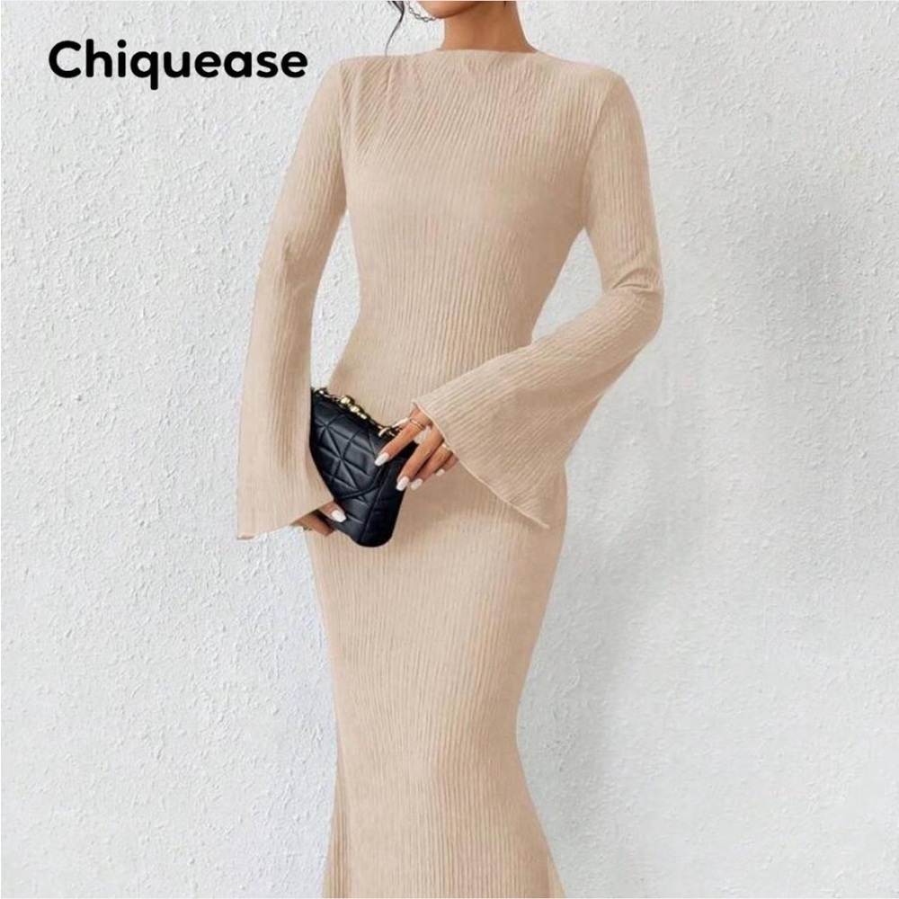 SHEIN Beige & Rust Long Sleeve Ribbed Dress
